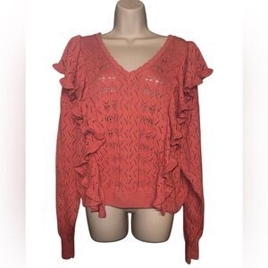 Andrew Marc New York Faded Rose Pink Ruffle V-neck Knit Sweater Women